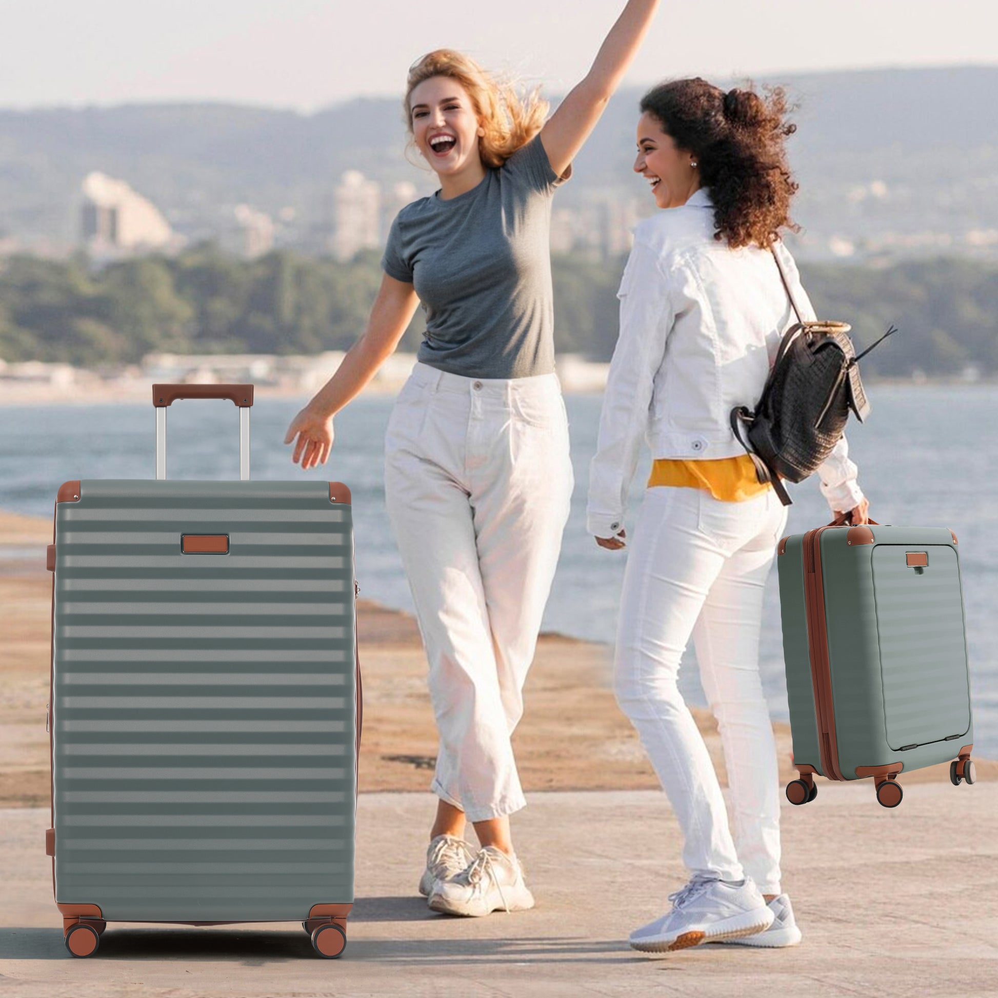 Luggage Sets 5 Piece with Front Opening , Hardside Expandable Carry on Suitcase with Spinner Wheels TSA Lock USB Port Cup Holder Duffel Bag and Toiletry Bag