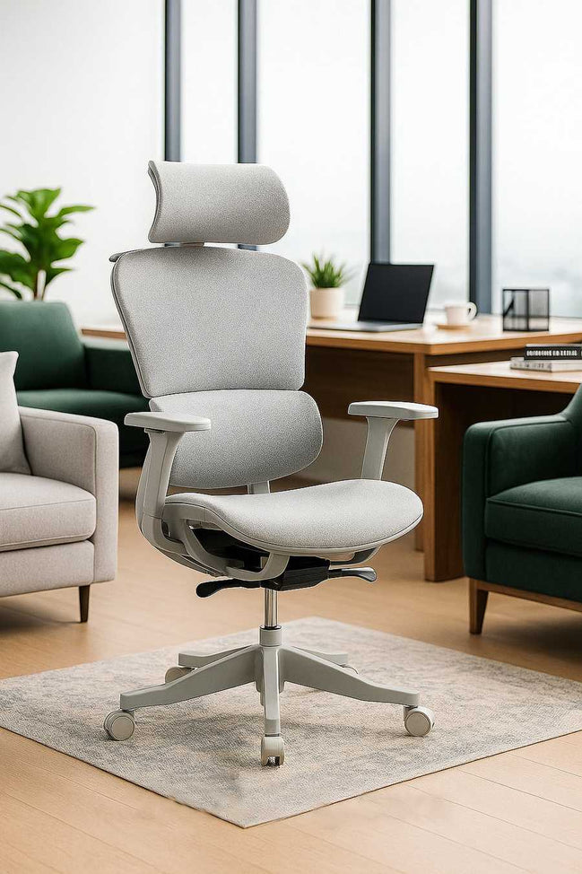High back mesh office chair in modern workspace, featuring ergonomic design, adjustable height, and 360° swivel for comfortable office use.