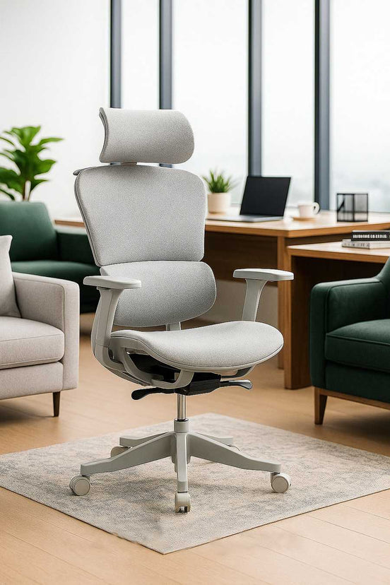 High back mesh office chair in modern workspace, featuring ergonomic design, adjustable height, and 360° swivel for comfortable office use.
