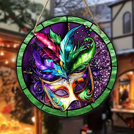 Venetian Mask Hanging Ornament with colorful feathers and UV print, ideal wall art for home decor and outdoor suncatcher display.
