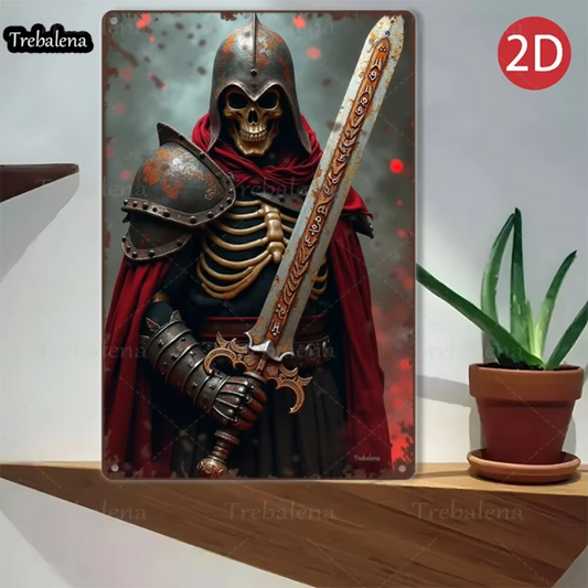 Gothic Knight Skeleton Wall Art Decor aluminum sign featuring a dark fantasy skeleton warrior with sword, ideal for gothic-themed home interiors.