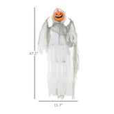 Halloween decoration of a ghost with pumpkin head, shown with dimensions on a white background.