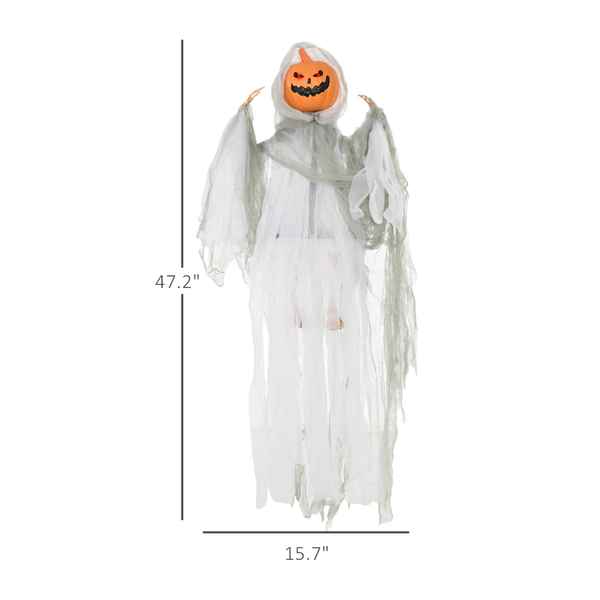 Halloween decoration of a ghost with pumpkin head, shown with dimensions on a white background.