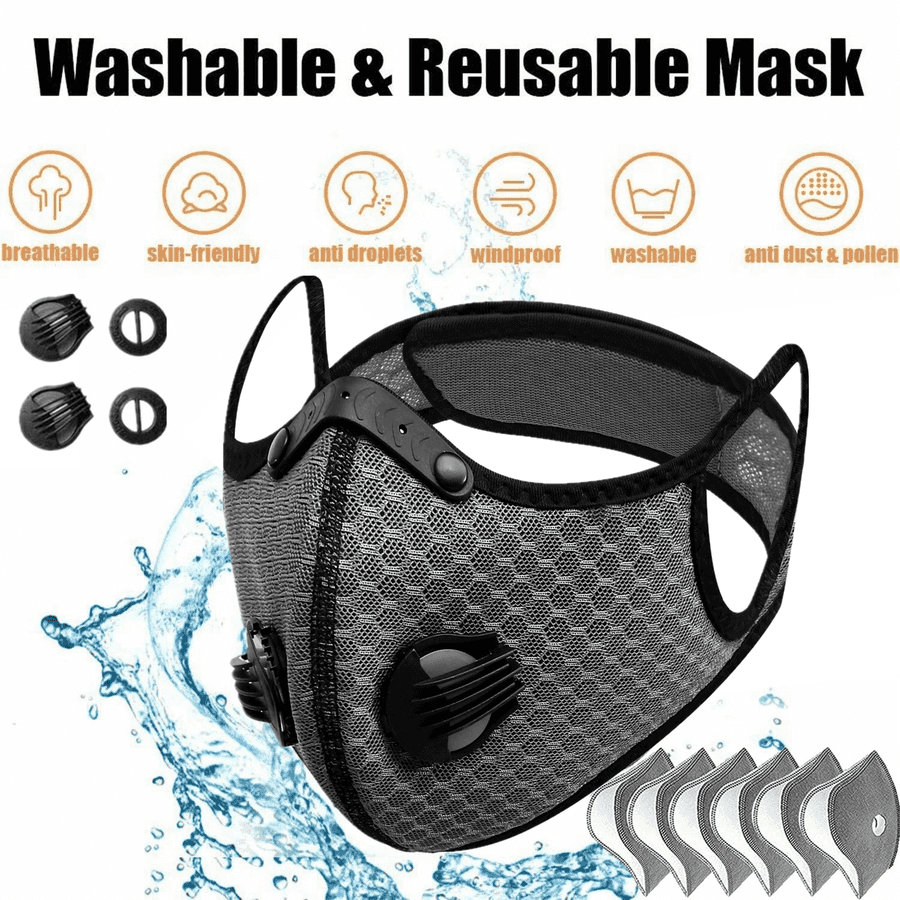 Washable and reusable mask with features listed on a white background