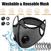 Washable and reusable mask with features listed on a white background