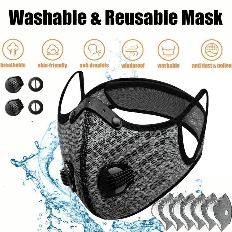 Washable and reusable mask with features listed on a white background