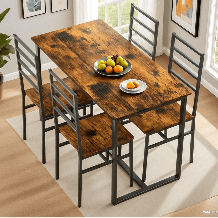 5 Piece Metal and Wood Modern Dining Table Furniture Set