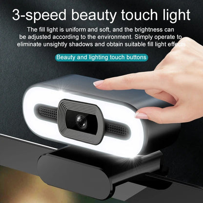 4K webcam with 3-speed beauty touch light for uniform brightness adjustment, ideal for live streaming and video calls on PC and laptops.