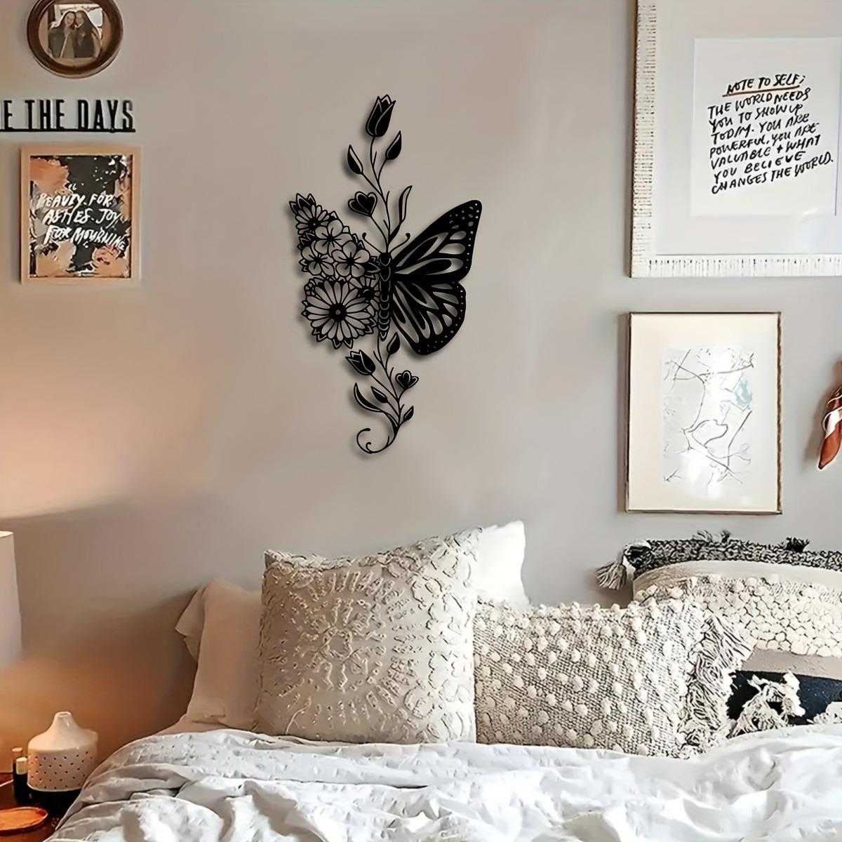 Floral butterfly aluminum wall art featured in a boho-style bedroom, blending rustic elegance with cozy decor.