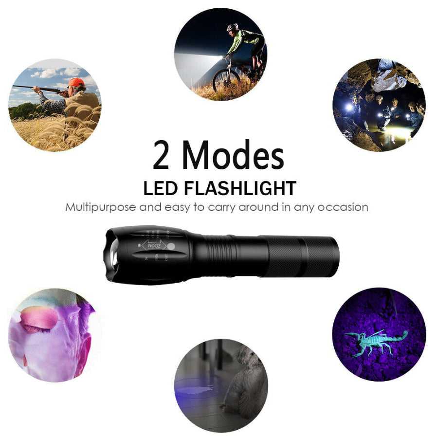 Multipurpose LED UV Flashlight Detection Lamp with 2 modes for outdoor, pet, and stain detection, ideal for everyday carry.