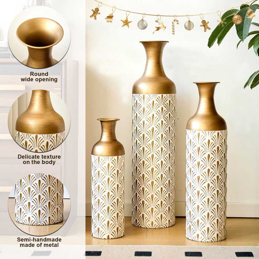 Close-up features of metal floor vases including wide openings and textured bodies, emphasizing semi-handmade craftsmanship.