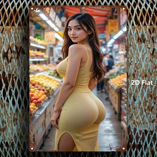 Asian Fruit Market Metal Wall Art featuring a woman in a yellow dress at a vibrant fruit market. Ideal for kitchen or dining room décor.