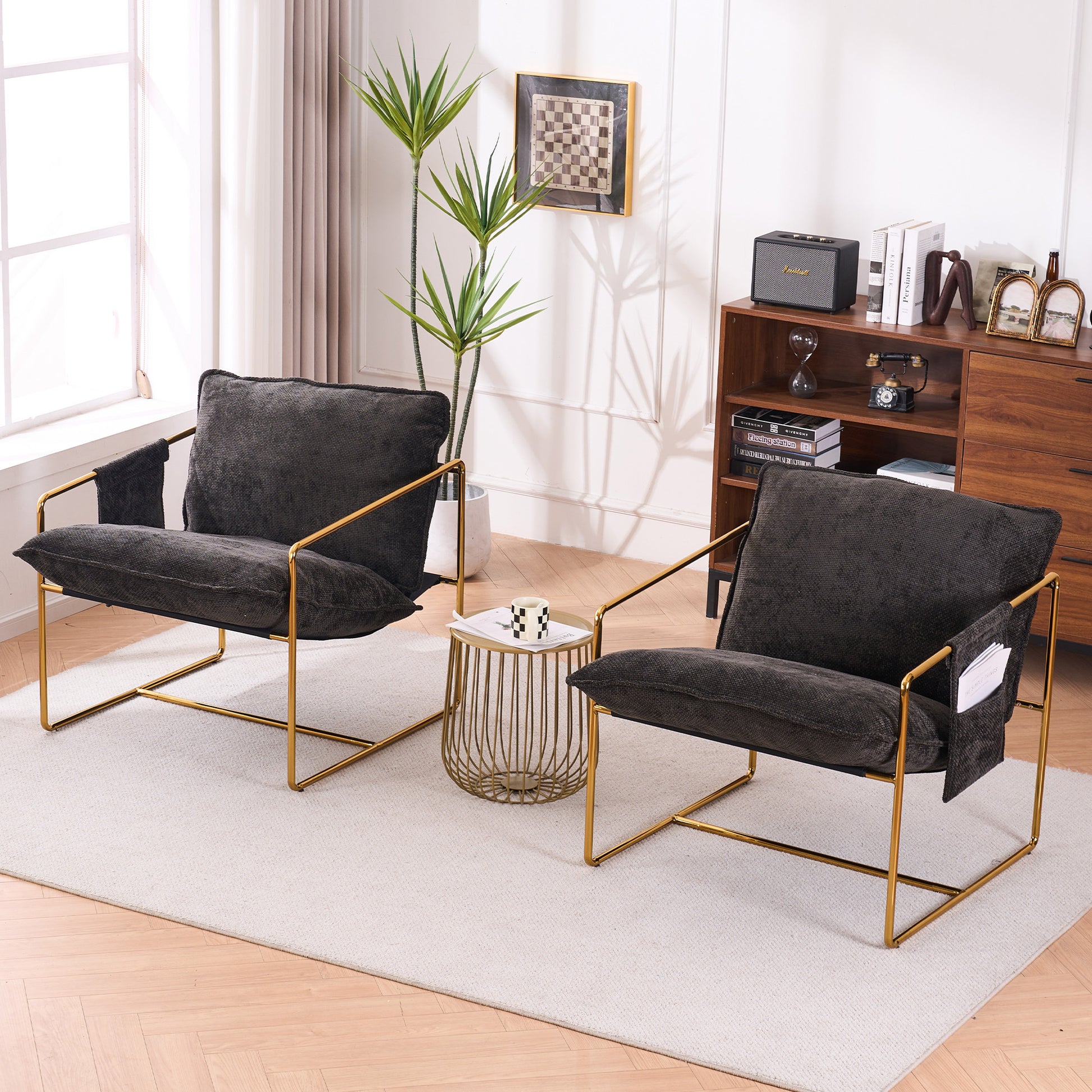 2 Chairs in 1 Box, Upholstered Hanging Armchair with Arm Pockets Metal frame, gold-plated craftsmanship, crushed foam cushions and skin-friendly woven fabric for living room and bedroom. Dark Gray