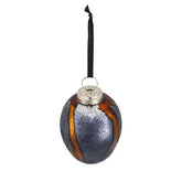 Single egg Christmas ornament hanging from a ribbon