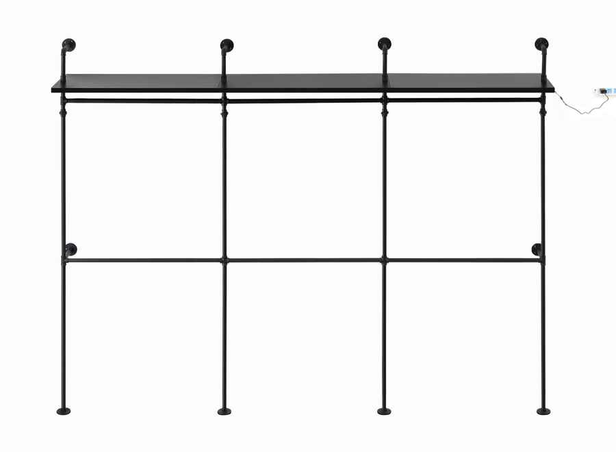 Industrial clothes rack with LED lights, black metal frame, adjustable shelves, supporting heavy clothing storage, power outlet visible