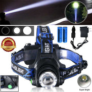 Super bright Rechargeable LED Headlamp with included accessories and 3 light modes, ideal for outdoor camping and tactical use.