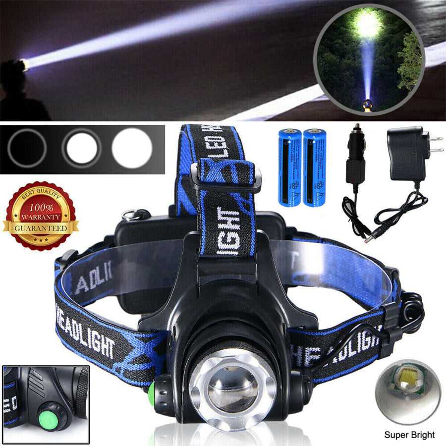 Super bright Rechargeable LED Headlamp with included accessories and 3 light modes, ideal for outdoor camping and tactical use.