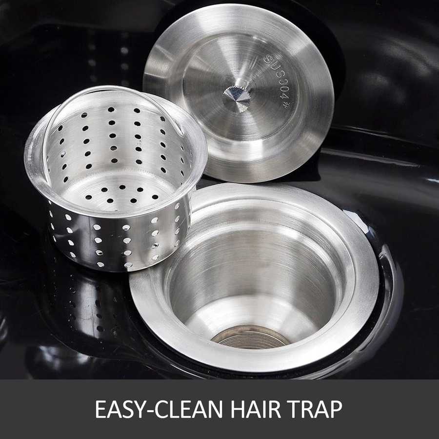 Stainless steel hair trap with a strainer on a black background