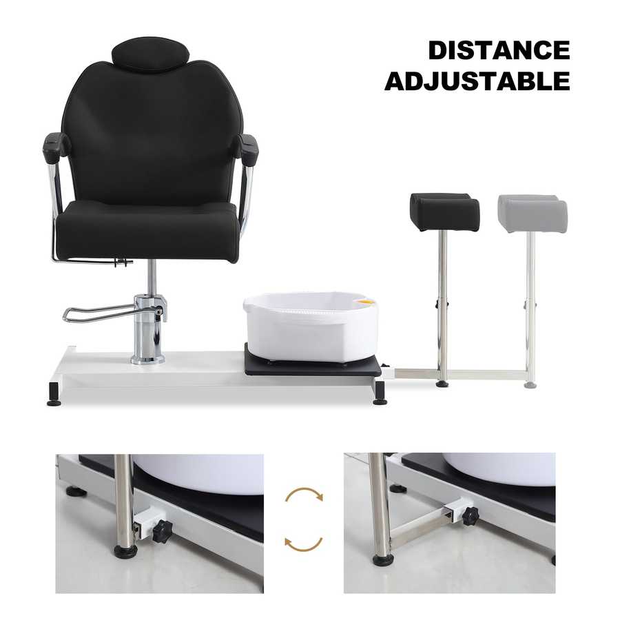 Black pedicure chair with adjustable distance feature on a white background