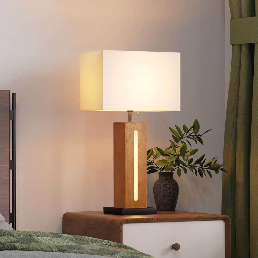 Table Lamps Set Of 2, Modern Dimmable Bedside Lamp With LED Nightlight, Rustic Farmhouse Square Wood Grain Nightstand Lamps With Linen Shades For Living Room Bedroom End Table