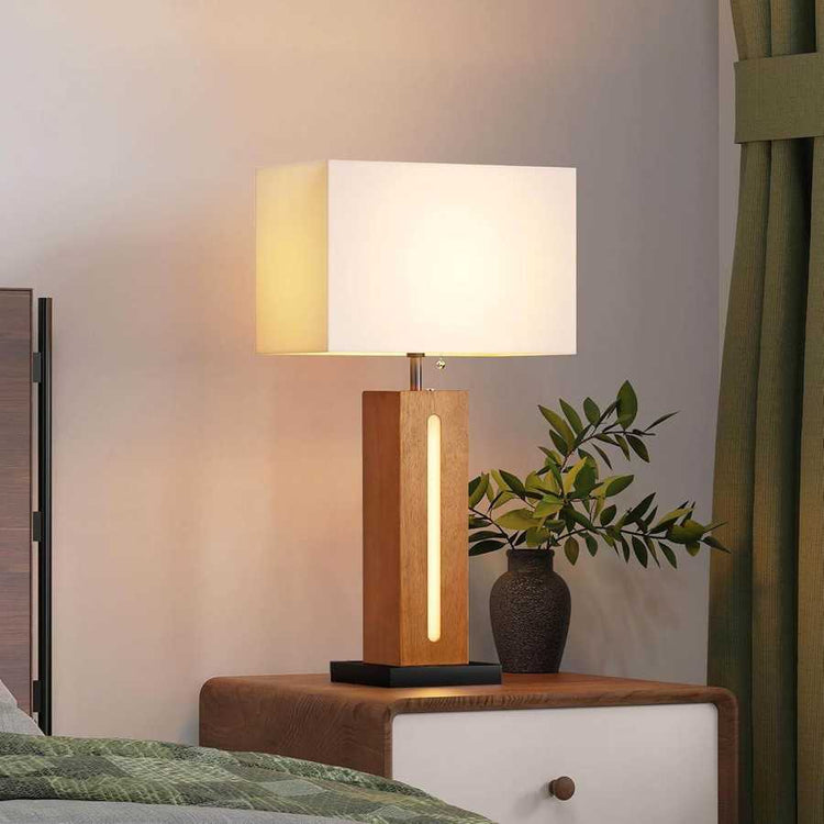 Table Lamps Set Of 2, Modern Dimmable Bedside Lamp With LED Nightlight, Rustic Farmhouse Square Wood Grain Nightstand Lamps With Linen Shades For Living Room Bedroom End Table