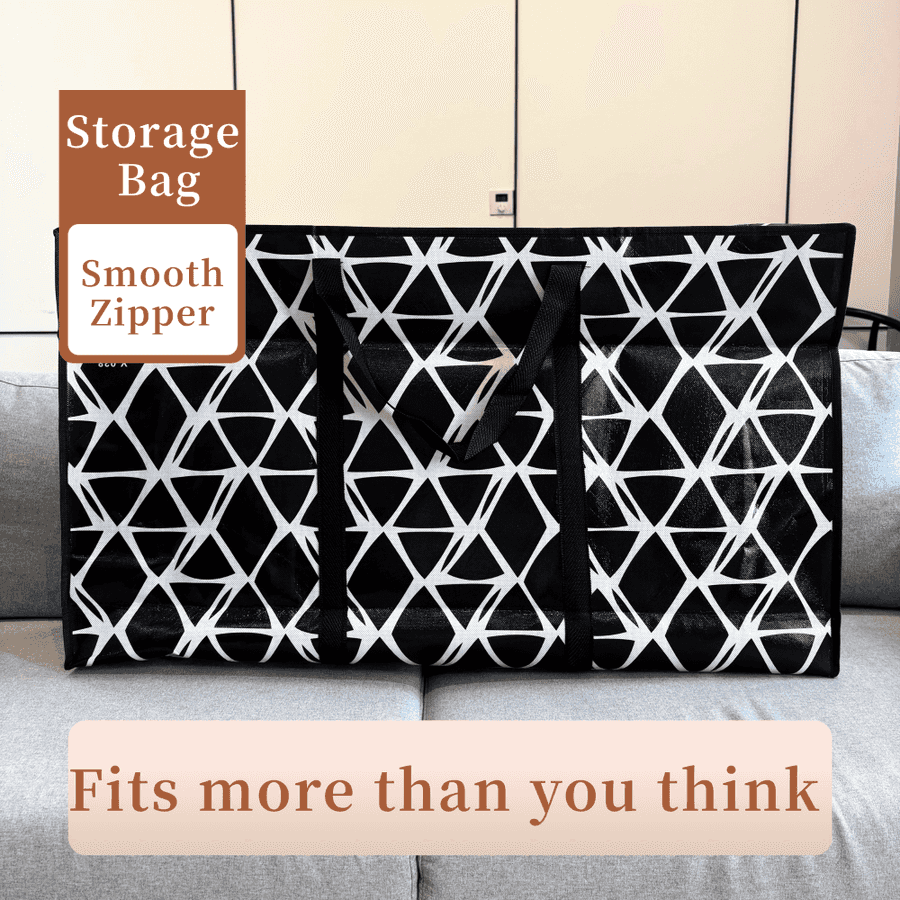 Black storage bag with white geometric pattern on a light background