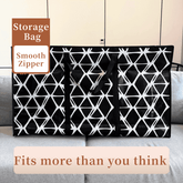 Black storage bag with white geometric pattern on a light background