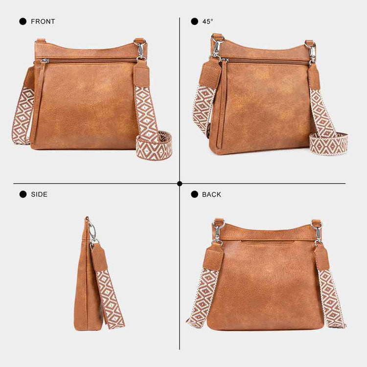 Brown leather handbag shown from multiple angles on a white background