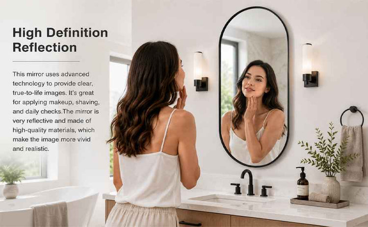 Woman applying makeup in a bathroom with a high-definition mirror.