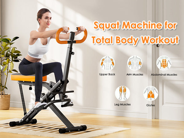 Woman demonstrating full body workout on Squat Machine Home - Adjustable Resistance, targeting upper back, arms, abs, legs, and glutes.