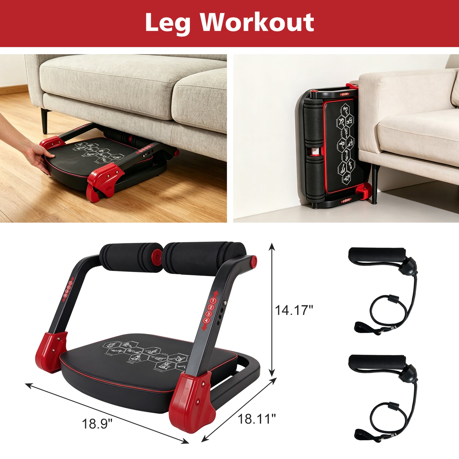 Leg workout equipment with dimensions and accessories displayed on a white background.