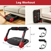 Leg workout equipment with dimensions and accessories displayed on a white background.