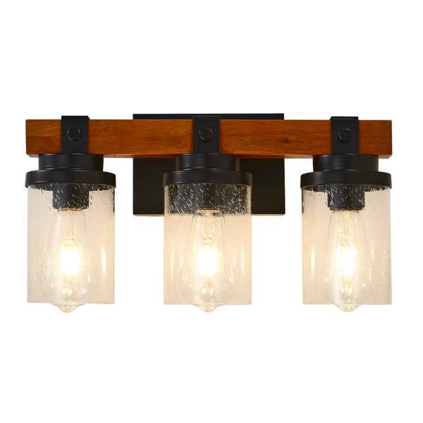 Three-light wall fixture with wooden accents on a white background