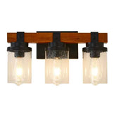 Three-light wall fixture with wooden accents on a white background