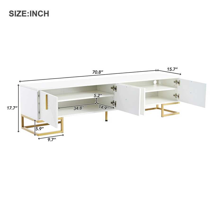 Dimensions of modern TV stand with detailed measurements, showing spacious interior and adjustable shelving for large TVs.