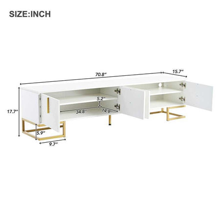 Dimensions of modern TV stand with detailed measurements, showing spacious interior and adjustable shelving for large TVs.