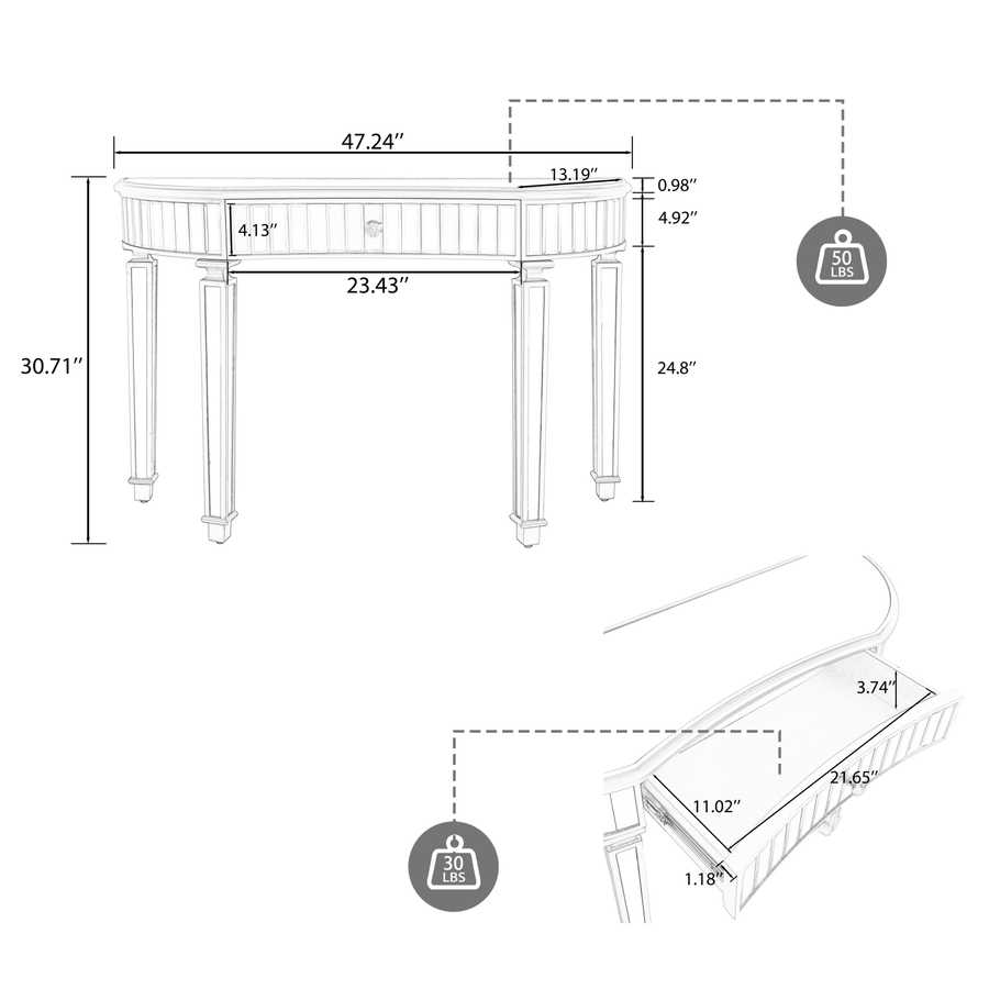 Dimension diagram of Half-Moon Mirrored Console Table showing measurements, weight capacity, and design details for buyers.