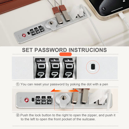 4-Piece Luggage Set with USB Charging Ports - 20in Carry-On (Front-Opening for Laptop) 28in Checked Suitcase with TSA Lock Travel Duffel Bag Wet-Dry Toiletry Bag, ivory and brown