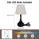 Table lamp with dimensions and bulb information on a white background
