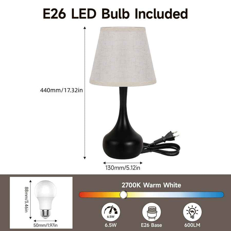 Table lamp with dimensions and bulb information on a white background