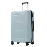 Light blue suitcase with black wheels on a white background