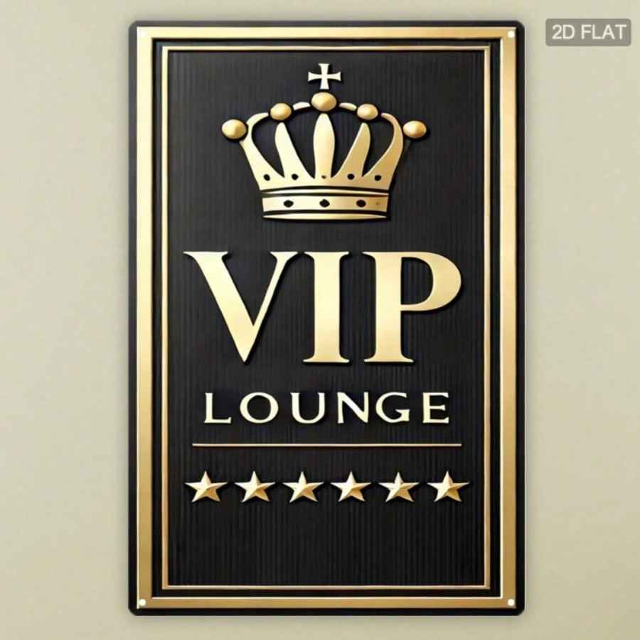 A rectangular VIP Lounge sign with a black textured background, gold border, a gold crown at the top, and the words &