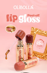 Three Olibolla lip gloss tubes in warm nude shades are arranged on a pink background with promotional text, a small inset of lips wearing the gloss, and a gold ornate frame prop.