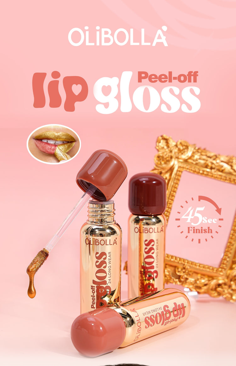 Three Olibolla lip gloss tubes in warm nude shades are arranged on a pink background with promotional text, a small inset of lips wearing the gloss, and a gold ornate frame prop.