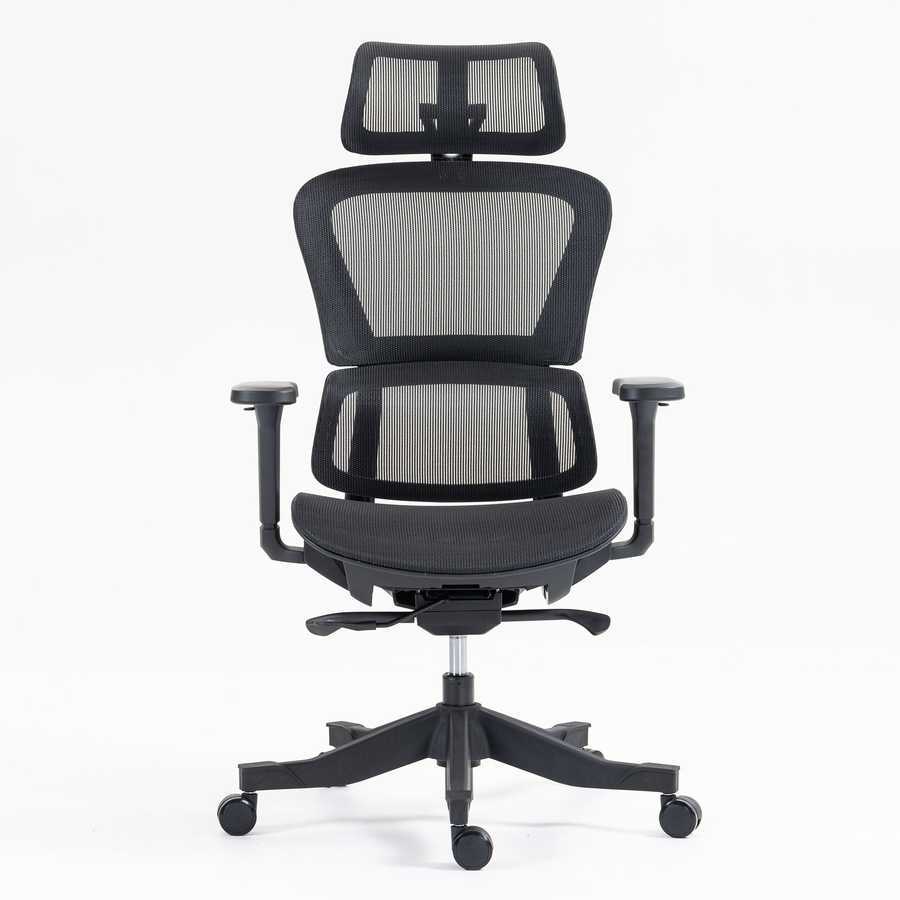 Front view of high back mesh office chair featuring breathable mesh, padded seat, and adjustable armrests for ergonomic support.