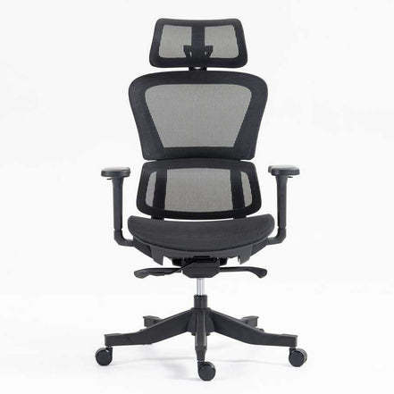 Front view of high back mesh office chair featuring breathable mesh, padded seat, and adjustable armrests for ergonomic support.
