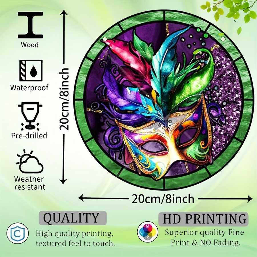 Venetian Mask Wall Art with 20cm diameter, waterproof wood and HD UV printing, ideal for indoor and outdoor home decor.