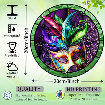 Venetian Mask Wall Art with 20cm diameter, waterproof wood and HD UV printing, ideal for indoor and outdoor home decor.