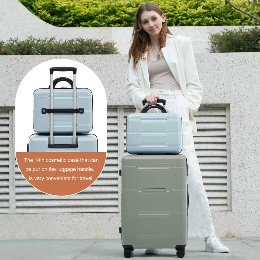 Woman holding a light blue suitcase with an inset showing a 14-inch cosmetic case on a luggage handle.