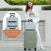 Woman holding a light blue suitcase with an inset showing a 14-inch cosmetic case on a luggage handle.